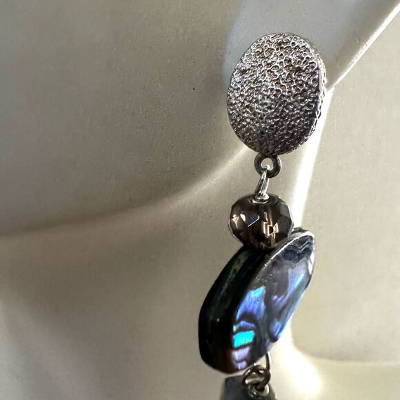 Sterling Silver Abalone  smoky quartz & Moss Agate Dangle Earrings - Picture 6 of 9